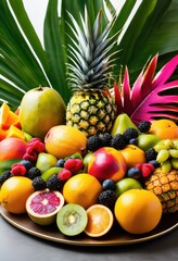 Canvas Print - colorful tropical fruit platter vibrant palm leaves display, exotic, fresh, healthy, juicy, delicious, pineapple, mango, kiwi, papaya, coconut, banana, orange