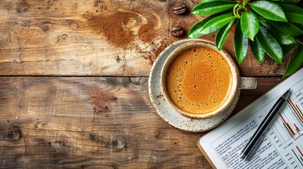 Poster - 2D flat lay of a desk with a paper laptop coffee cup pen and financial charts Stock Photo with copy space