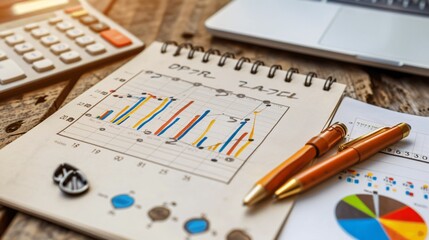 Poster - Financial planning flat lay with paper crafted graphs budget sheets and a calendar Stock Photo with copy space
