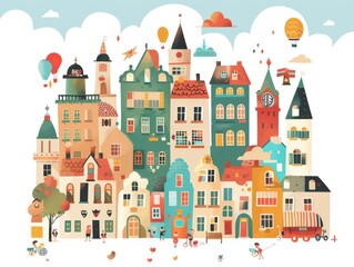 Poster - A Colorful Cityscape with Cartoon Buildings and  Characters