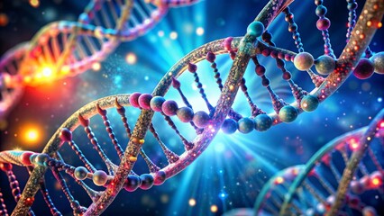 Vibrant 3D illustration of DNA double helix molecule structure, showcasing chromosome genetic biotechnology in human genome cell research laboratory.