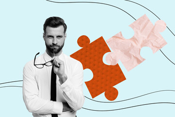 Wall Mural - creative picture collage young handsome man connect puzzle match logic game pieces fragments intelle