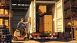 © Ka - Flat artwork of delivery company worker unloading boxes from a truck, surrounded by many cardboard boxes inside a warehouse with a modern cargo van filled with cardboard.