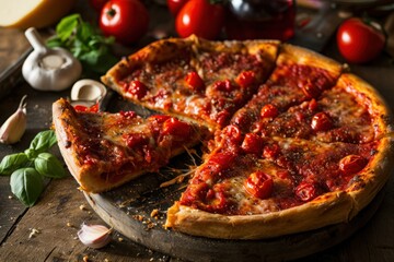 Wall Mural - Chicago Deep-Dish pizza isolated. Hot Chicago Deep-Dish pizza isolated on a background with copy space. Cheese punch.