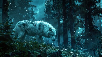 Wall Mural - White Wolf in a Mystical Forest