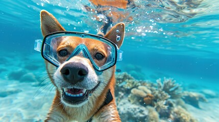 Wall Mural - Dog Snorkeling Underwater