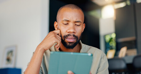 Poster - Black man, tablet and thinking online for email, research and digital conversation for planning. Reading, touchscreen and entrepreneur for information, male person and startup technology business