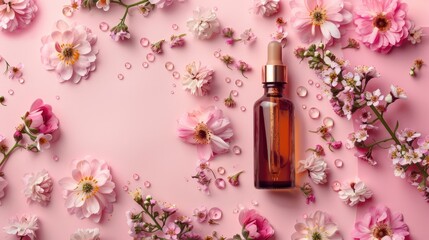 Wall Mural - Simple flat lay beauty concept with an empty bottle logo space body care therapy Flower oil on pink paper background Organic eco serum