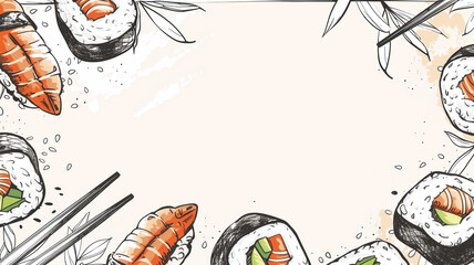 Hand drawn sushi illustrations, nigiri, sashimi, maki rolls, light grey background with bamboo and chopsticks in the corners of the frame, clean illustration style, vector graphics,