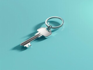 elegant silver house key on keychain floating against vibrant azure background soft shadows and reflections highlight the keys details symbolizing new beginnings and home ownership dreams