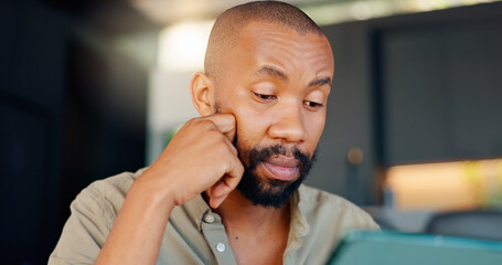 Poster - Black man, thinking and reading for research, laptop and email for digital conversation or planning. Computer, entrepreneur and information, internet and male person for startup business in office