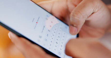 Poster - Phone, screen and hands typing for communication with text message for networking online. Cellphone, research and person on mobile dating app for contact and chatting with connection on internet.