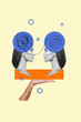 © deagreez - Collage poster artwork of two women faces solving problem puzzle isolated on drawing background