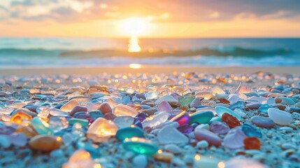 A collection of colorful sea glass scattered on a beach with the sun setting in the background, creating a beautiful coastal scene.