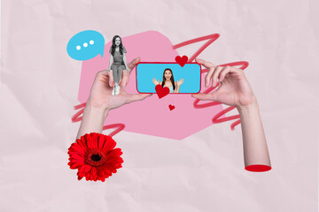 Poster - Collage image artwork of two happy cheerful woman friends chatting video call talk isolated on drawing background