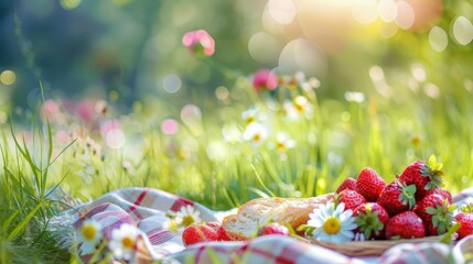 Wall Mural - A delightful picnic scene with strawberries, bread, and daisies set on a checkered blanket in a sunlit meadow.