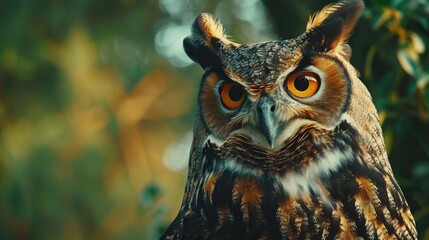 Sticker - Close up photo of a majestic owl with yellow eyes and orange beak against green tree backdrop