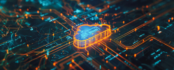 Poster - Digital cloud computing network with orange and blue lines