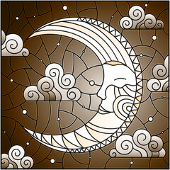 Wall Mural - Illustration in stained glass style with moon on cloudy sky background, square picture, tone brown