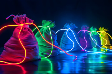 Wall Mural - Neon light trails of competitive sack race isolated on black background.