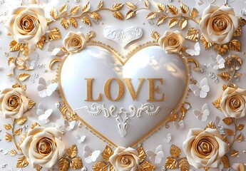 3d wall mural with white background and gold roses, butterflies, heart shape,