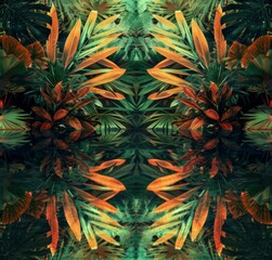 Wall Mural - tropical rainforest leaves pattern - abstract green and orange symmetrical background.
