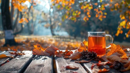 A glass of tea on a wooden table surrounded by autumn leaves, capturing the cozy and serene fall atmosphere.