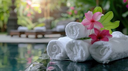 Spa treatment with towels and flowers for relaxation at a spa resort Beauty and leisure concept with spa products at hotels and resorts