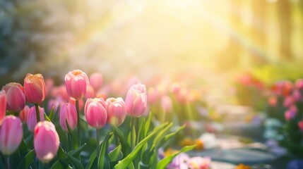 Wall Mural - Vibrant Tulips Basking in Soft Spring Sunlight