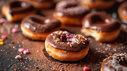 Baked doughnuts shaped like a heart on a chocolate background