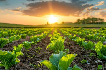 Wall Mural - Lush Green Crops in a Field at Sunset