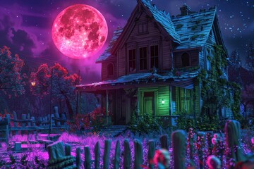 Wall Mural - an abandoned ghost mansion in the blood moon night