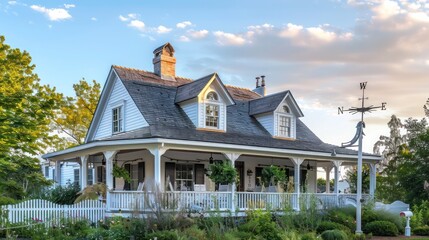 traditional suburban farmhouse with a large porch, surrounded by a white picket fence and featuring 