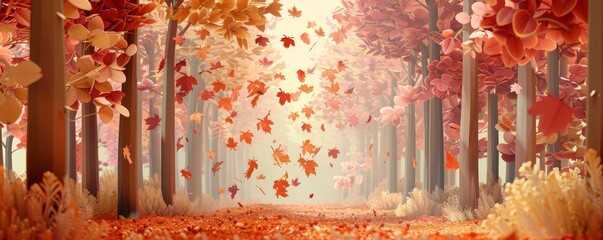 Wall Mural - Vibrant Autumn Forest Scene with Falling Leaves in Triadic Colors - 3D Render, Flat Design, Fall Theme Side View