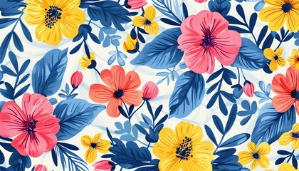 Poster - Vibrant Floral Pattern in Complementary Colors - Nature Theme Watercolor Design with Leaves and Flowers in Flat Style, Side View