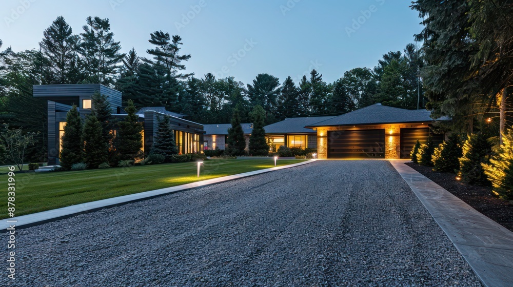 well-lit gravel driveway leading to a suburban farmhouse with ...