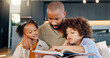© WesSide/peopleimages.com - Man, children and reading with book in home, sofa and lounge for fantasy stories. Bonding, learning and educational study with single parent person, love and storytelling for childhood development