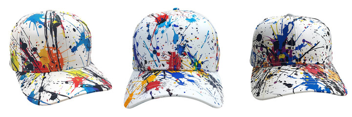 set of A Men's fitted ball cap with a hip-hop style graphic splashed on a transparent background