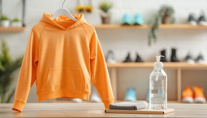 Orange hoodie on hanger in a clothing store.