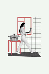 Poster - Creative trend collage of young woman walk kitchen remote apartment work office from home concept weird bizarre unusual fantasy billboard