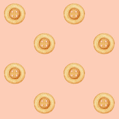 Buttons staggered seamless pattern on a peach color background. Simple hand drawn watercolor sewing supplies illustration in vintage style for fabric and paper design.