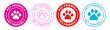 © Chelpanoff - Pet friendly label. Animal friendly icon set. Colored vector illustration. Dogs and cats allowed emblem, badge, sign, symbol, stamp or seal. Animal paw circle logotype.