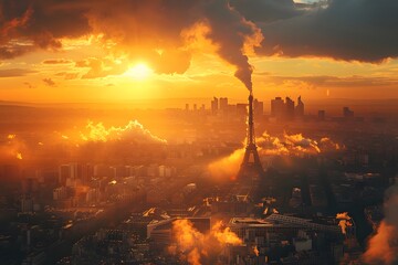 Wall Mural - Paris Skyline at Sunset with Dramatic Clouds and Eiffel Tower Silhouette