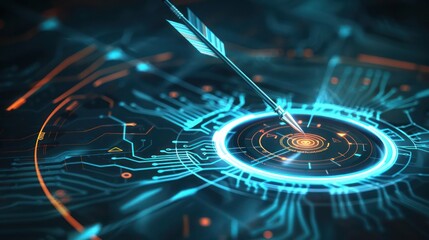 Aufkleber - Cyber arrow landing perfectly on a high-tech bullseye, with glowing circuitry and digital waves around it