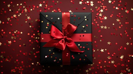 Canvas Print - Black Gift Box with Red Ribbon on Red Confetti Background