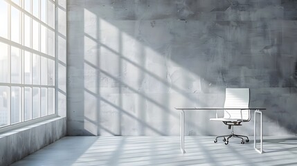Fototapete - A sleek office space with a glass desk and ergonomic chair, set against a backdrop of large windows and light grey walls.