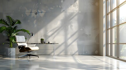 Fototapete - A sleek office space with a glass desk and ergonomic chair, set against a backdrop of large windows and light grey walls.