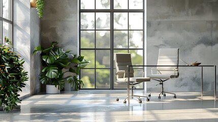 Fototapete - A sleek office space with a glass desk and ergonomic chair, set against a backdrop of large windows and light grey walls.