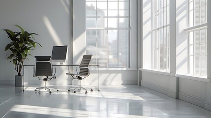 Wall Mural - A sleek office space with a glass desk and ergonomic chair, set against a backdrop of large windows and light grey walls.