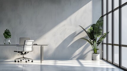 Fototapete - A sleek office space with a glass desk and ergonomic chair, set against a backdrop of large windows and light grey walls.